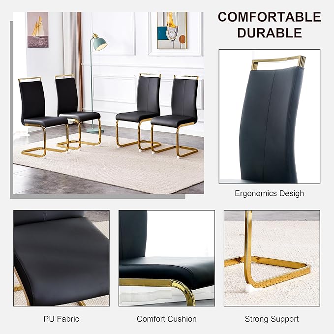 7 Piece Glass Dining Table Set, 79" Modern Dining Table Set for 6, 0.5" Thick Tempered Glass Tabletop with Gold Chrome Metal Legs and Black Crossbar, 6 PU Chairs for Dining Room, Kitchen