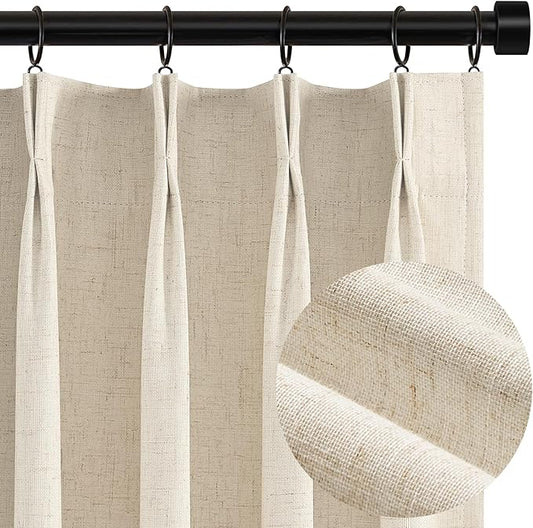 Topfinel Beige Curtains 96 Inch Long, Cream Pinch Pleated 100% Blackout Thermal Insulated Natural Linen Pinch Pleat Viral Drapes with Hooks Rings 2 Panel Sets, Burlap Flax 8FT Back Tab Curtains