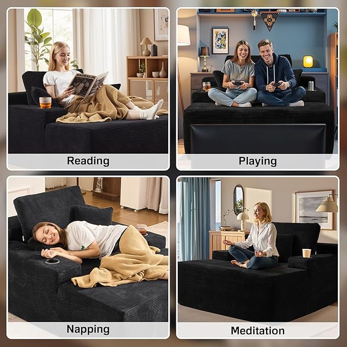 Chaise Lounge Chair Indoor, 67" Oversized Comfy Corduroy Sleeper Sofa Bed with Cup Holders and Wide Armrests, Boneless Upholstered Recliner Bed, Modern Cloud Couch for Living Room, Black