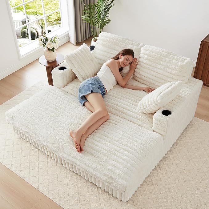 RARZOE 64'' Oversized Chaise Lounge Chair Indoor, Plush Faux Rabbit Fur Sleeper Sofa Bed with 4 Pillows, Charging Station & Cup Holders, Fluffy Comfy Cloud Couch Loveseat Sofa for Living Room,Beige