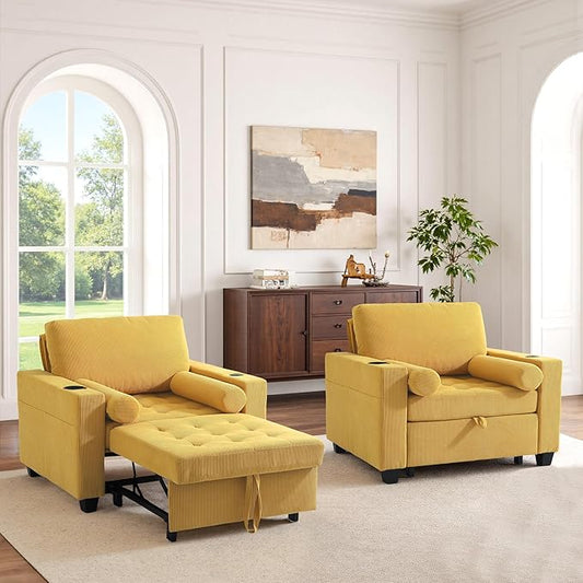 UIXE 3-in-1 Sleeper Sofa Chairs Set of 2, Pull Out Sofa Bed Convertible Reclining Seat Upholstered Armchair, Adjustable Backrest Recliner Chair with Side Pockets, Cup Holder & USB Ports - Yellow