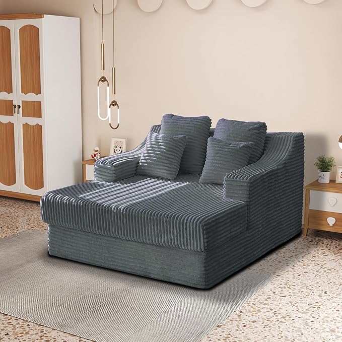 Chaise Lounge Sofa Chair Indoor Cozy Sofa Bed Oversized with Four Pillow Fluffy Upholstered Sleeper Sofa Chair for Living Room Bedroom Office Liesure No Assembly Required（Grey）