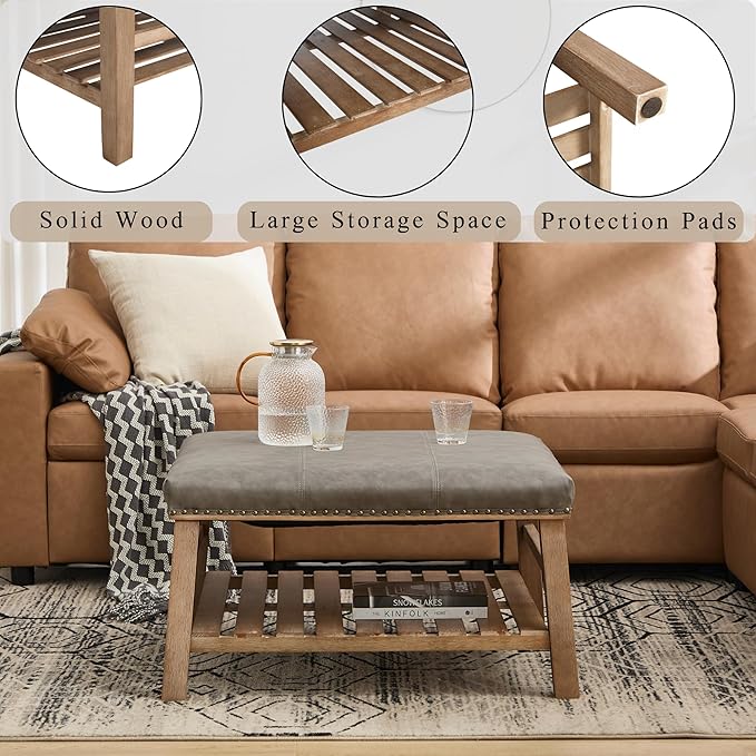 Large Square Coffee Table with Storage,Modern Faux Leather Ottoman Coffee Table,Luxury Upholstered Couch Table for Living Room/Sofa/Bedroom,Grey