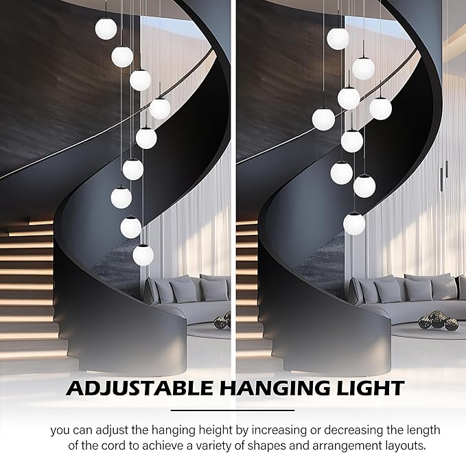 KoKo&Yukina 9-Light Globe Milky White Glass Pendant Light Adjustable Length Pendant Lights Modern Glass Globe Pendant Lights Black Chandeliers Large Chandeliers for High Ceilings (Bulb & Remote Incl)