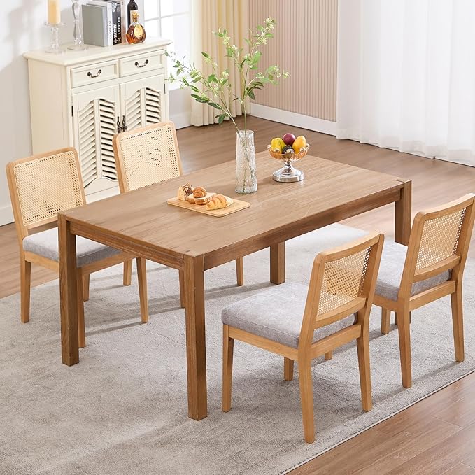 LukeAlon Farmhouse Rattan Dining Chairs Set of 6, Mid Century Modern Chenille Kitchen & Dining Chairs with Solid Wood Legs, Woven Cane Upholstered Kitchen Chairs Side Chairs for Dining Room, Grey