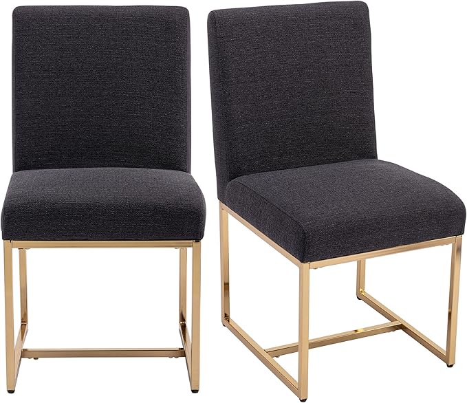 VESCASA Linen Upholstered Dining Chairs Set of 2, Mid Century Modern Padded Chair with Gold Metal Frame for Restaurant, Dining Room, Kitchen, Charcoal