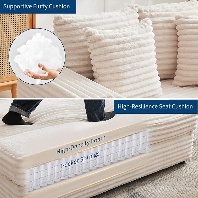 GarveeHome Oversized Chaise Lounge Chair Indoor, Comfy Corduroy Lounge Sofa with Charging Station, Cup Holders & Throw Pillows, Cozy Sleeper Couch for Living Room Apartments, Beige