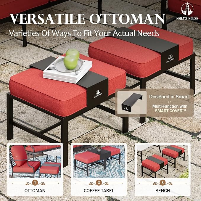 HERA'S HOUSE 6 Piece Patio Furniture Set, 2 x Swivel Cushioned Chair, 2 x Cushioned Ottoman, 1 x 3-Seat Sofa with Marbling Coffee Table, Outdoor Conversation Set for Lawn Garden Backyard, Red