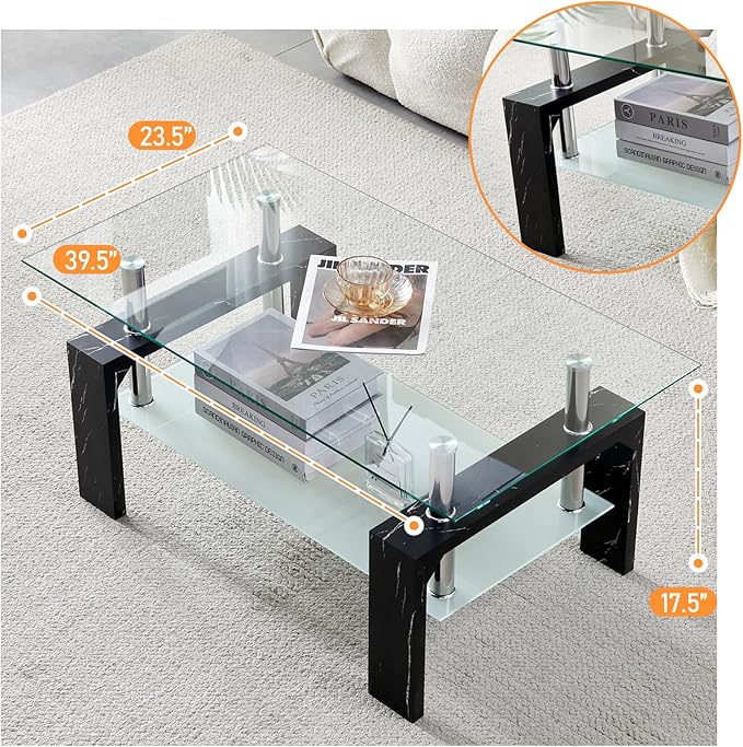 Living Room Rectangle Coffee Table, Tea Table Suitable for Waiting Room, Modern Side Coffee Table with Wooden Leg, Glass Tabletop with Lower Shelf, Black Marble Leg.