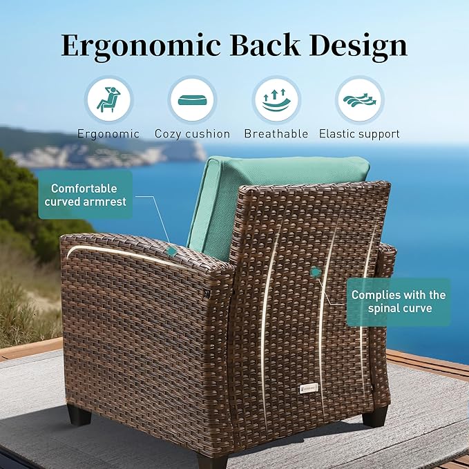 Patio Furniture Set Outdoor Furniture Brown Wicker Rattan Patio Conversation Sets with Cushion Outside Sofa Set,5 Pieces with Firepit Table,7 Seats,Blue