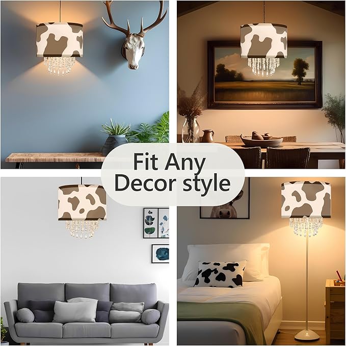 Star Vision Black & White Cow Print Drum Fabric Lampshade with Acrylic Beaded Droplets, Modern Farmhouse Light Shade for Pendant, Table, Wall & Floor Lamps, Bedroom, Living Room & Entryway Décor