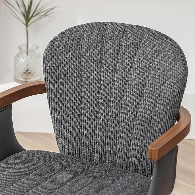 LUNLING Swivel Dining Chairs Set of 2, Mid Century Modern Gray Fabric+Faux Leather Kitchen Chairs with Arms,Bamboo Legs Side Chairs No Wheels,Accent Chair for Dining Rooms and Offices(Gray Fabric)