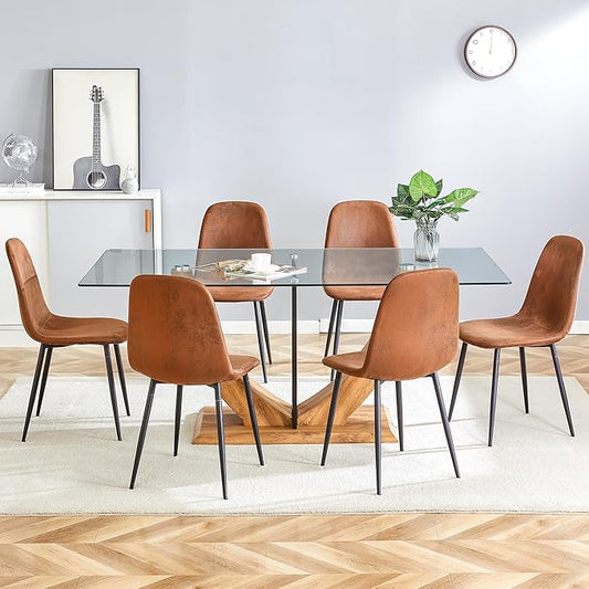 Glass Dining Table Set for 6,Modern Kitchen Table with 6 Chairs, Tempered Glass Table with Suede Leather Dining Chairs,71” Dining Room Table Set for Dining Room and Kitchen