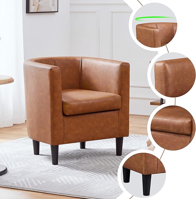 Yaheetech Accent Chair, PU Leather, Modern and Comfortable Armchairs, Upholstered Barrel Sofa Chair for Living Room Bedroom Waiting Room, 2PCS, Brown