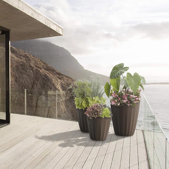 Crescent Garden Pleat Modern Decorative Planter, Indoor/Outdoor Pot, Resin Plant Pot with Drain Hole - 23" W x 27" H (Cloud White)