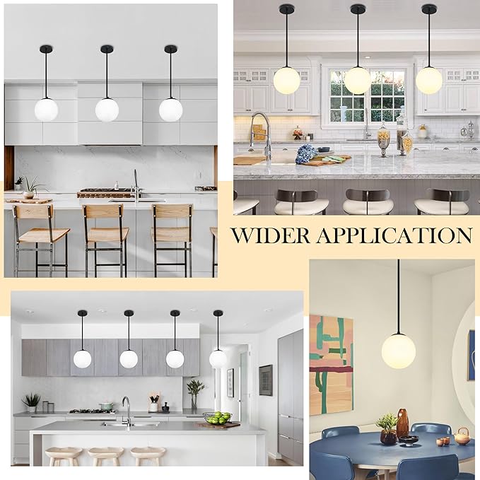 8" Globe Pendant Light Black Mid Century Modern Light Fixture Milk Glass Pendant Light Globe Pendant Lights Kitchen Island Matte Black Finished with Milk Glass Lampshade for Dining Room