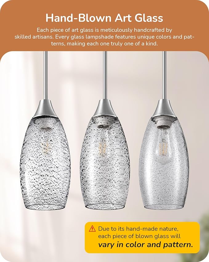 EDISHINE Pendant Light Fixture, Handcrafted Art Glass Hanging Light, Hardwired Ceiling Light with Grey Seed Glass Shade, Adjustable Brushed Nickel Rods, E26 Base, Pendant Lamp for Kitchen Bathroom Bar