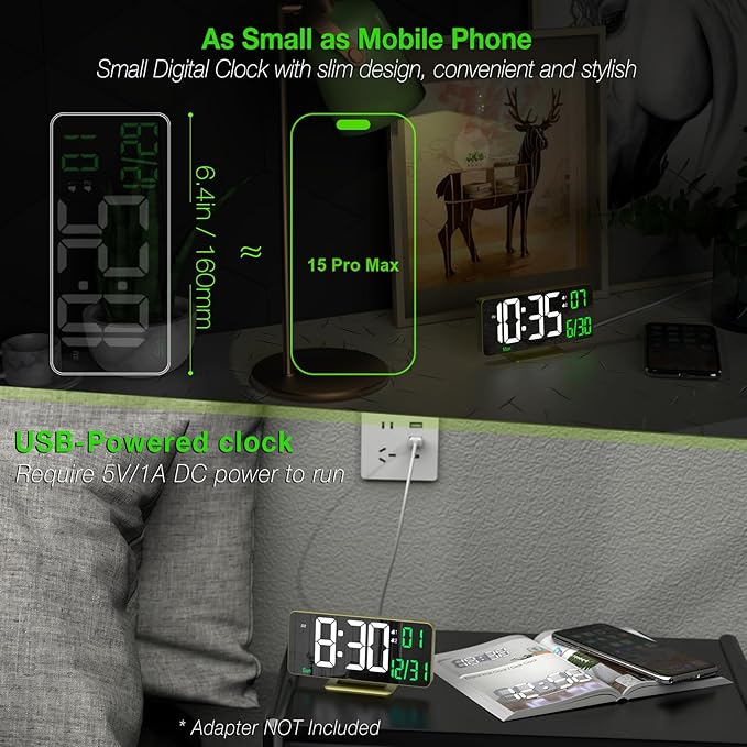 KOSUMOSU Desk Clock for Bedroom Accessories 6.7in Gold Digital Alarm Clock with Dimming,12/24h, Date, Day of Week, Temp, LED Clock, Modern Digital Calendar Clocks for Living Room Essentials