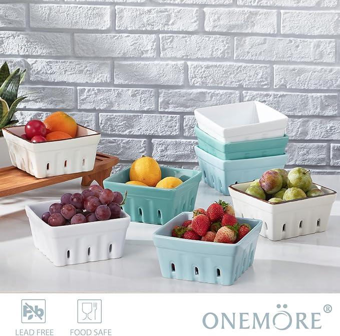 ONEMORE Berry Basket Ceramic Berry Bowls with Holes Square Fruit Bowl Berry Colander Containers for Fridge - 5.8" Fruit Basket for Kitchen Décor, Set of 2, Blue