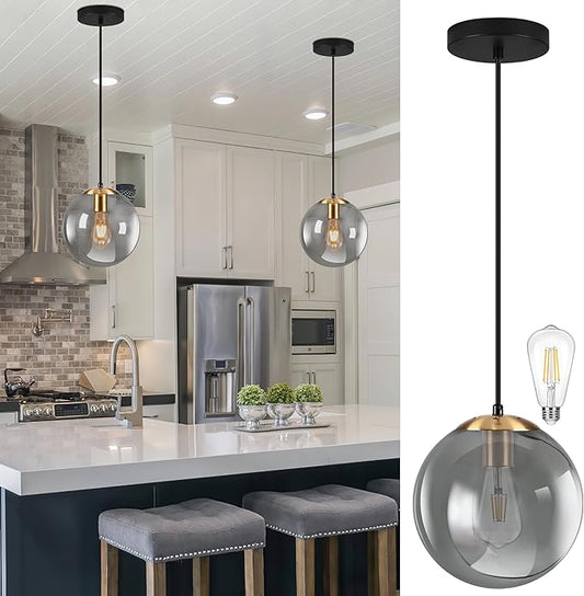KoKo&Yukina 10 Inch Pendant Light Glod Globe Pendant Lights Kitchen Island Mid Century Light Fixture Adjustable Globe Cluster Lights with Grey Glass Shade for Dining Room Living Room