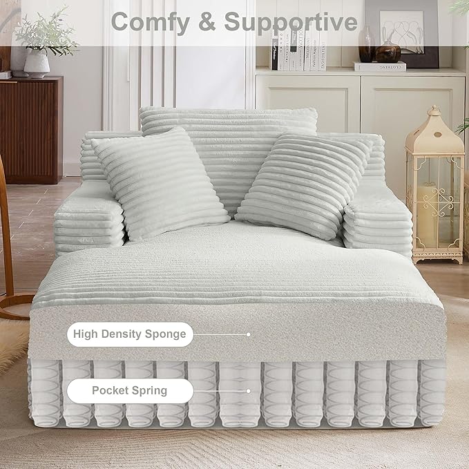 GNIXUU Oversized Chaise Lounge Chair Indoor, Comfy Fluffy Lounge Sofa Upholstered Sleeper Sofa Couch with Throw Pillows and Armrests, Corduroy Plush Cloud Chair for Living Room, Light Gray