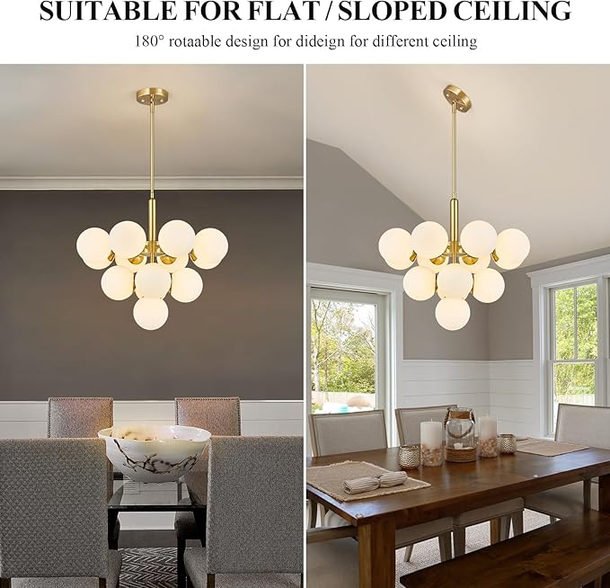 13 Lights Mid Century Modern Chandelier Gold Sputnik Chandelier Globe Pendant Lights with Milk White Glass Lampshade for Dining Room Living Room Foyer ‎‎Entryway