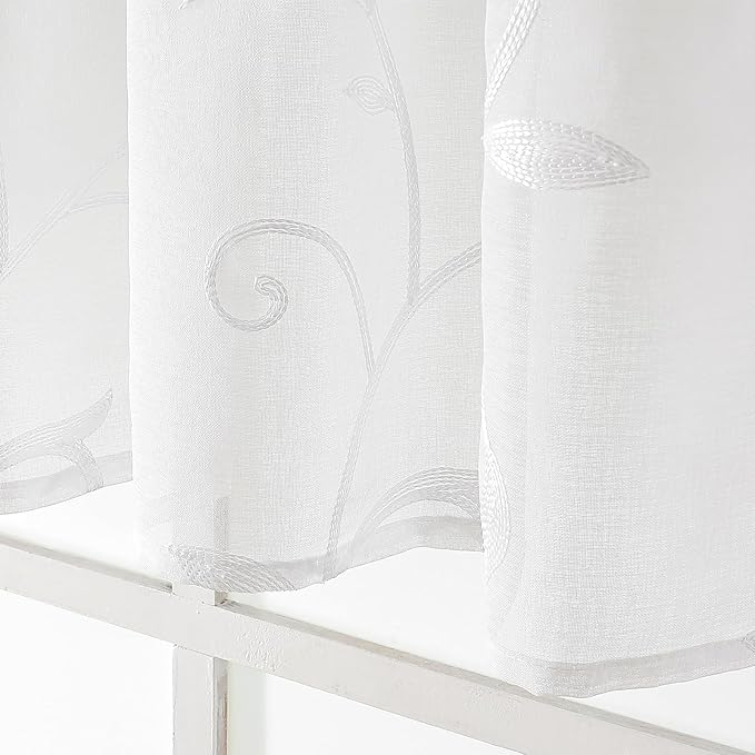 VISIONTEX White Sheer Voile Curtains, Decorative Leaves Embroidery Faux Linen Rod Pocket Window Drapes for Home Kitchen, Living Room and Bedroom 26 x 36 Inch, Set of 2 Curtain Panels