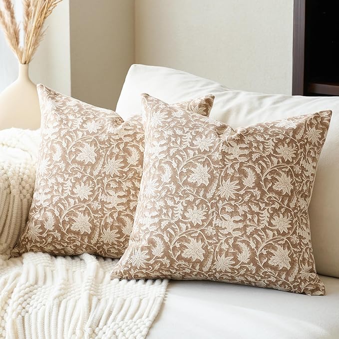 Floral Throw Pillow Covers 18x18 Farmhouse Block Print Pillow Covers Decorative Pillow Covers Couch Pillows for Living Room Vintage Accent Sofa Pillows Set of 2, Neutral