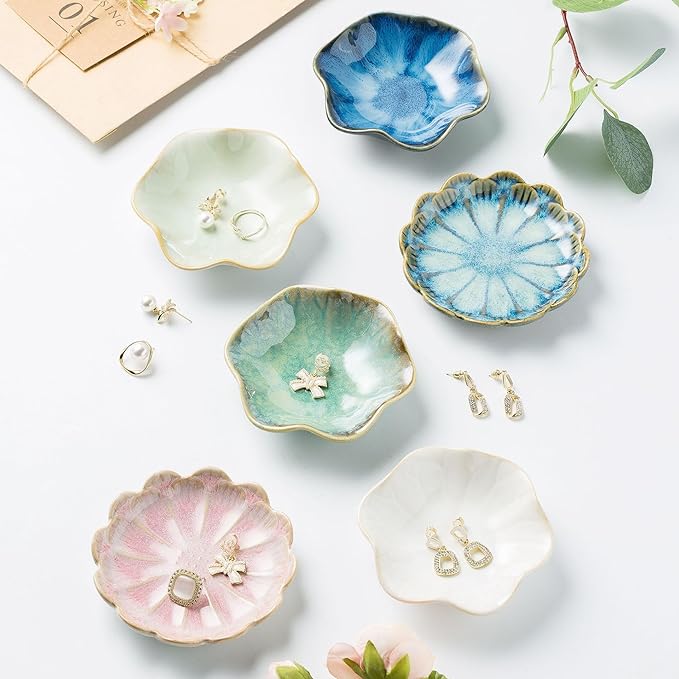 Ceramic Trinket Dish, Ring Tray, Decorative Jewelry Dish, Decoration Plate for Earrings, Rings, Jewelry Dish Holder, Key Bowl, Trinket Tray, Earring Holder for Women (Lotus leaf green)