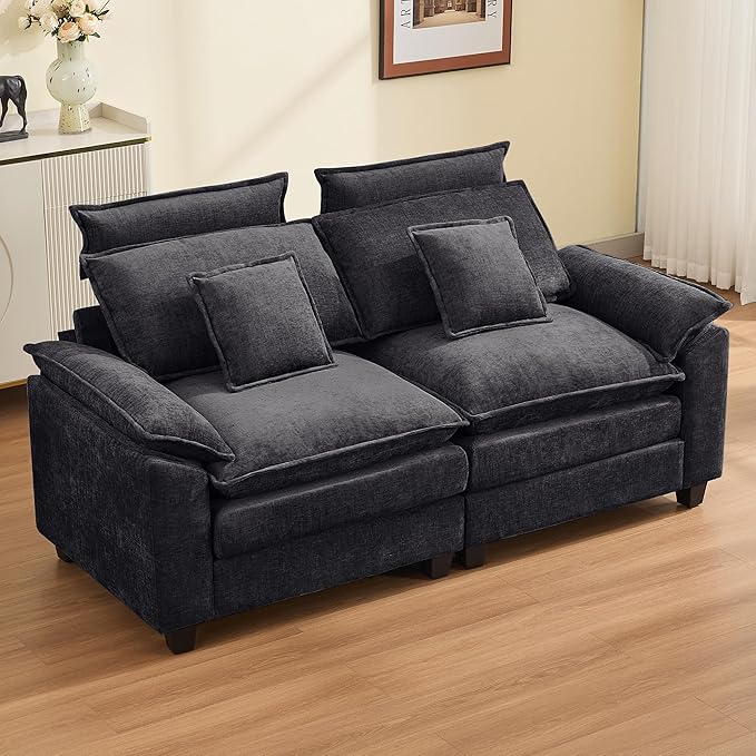 72'' Cloud Modern Loveseat Couch with Detachable Headrest, Modular Sectional Sofa Couch Deep Love Seat, Oversized 2 Seater Chenille Comfy Sofa with Armrests for Living Room, Dark Grey