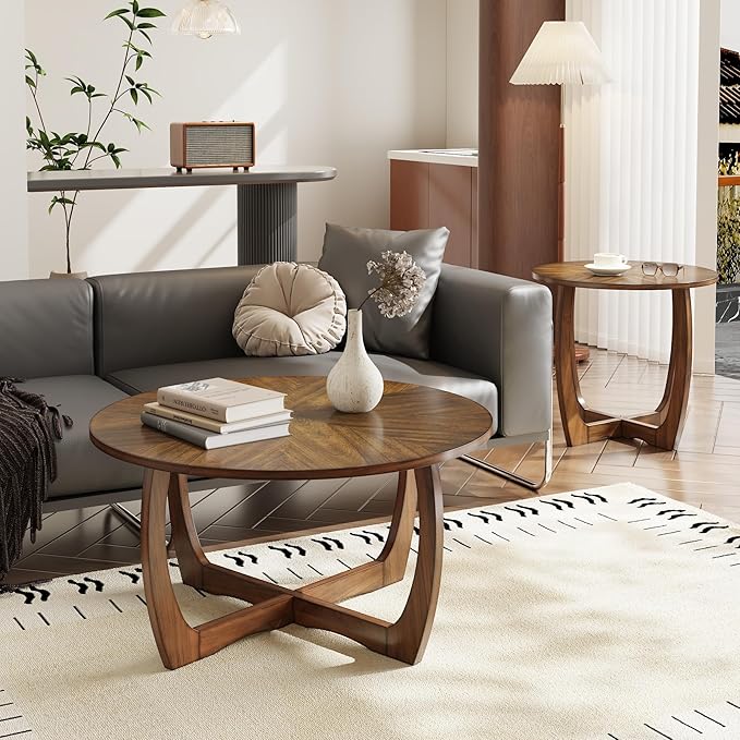 Round Coffee Table for Living Room, Soild Wood Walunt Center Coffee Tables with Cross Legs,33.5” Mid-Century Circular Cocktail Tables, Easy Assembly, Rustic Brown KFZ3223