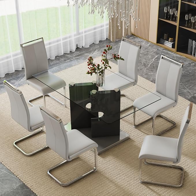 Glass Dining Table Set for 6,7 Piece Dining Table Set, Tempered Glass Table Top and Modern Design MDF Base with 6 PU Leather Ergonomic Dining Chairs