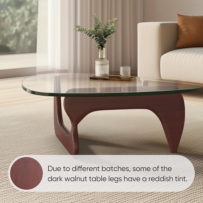 Triangle Glass Coffee Table with Solid Wood Base, 0.8'' Thick Clear Glass Top, 51'' Width Mid Century Modern Coffee Table for Living Room Bedroom Reception (Dark Walnut)