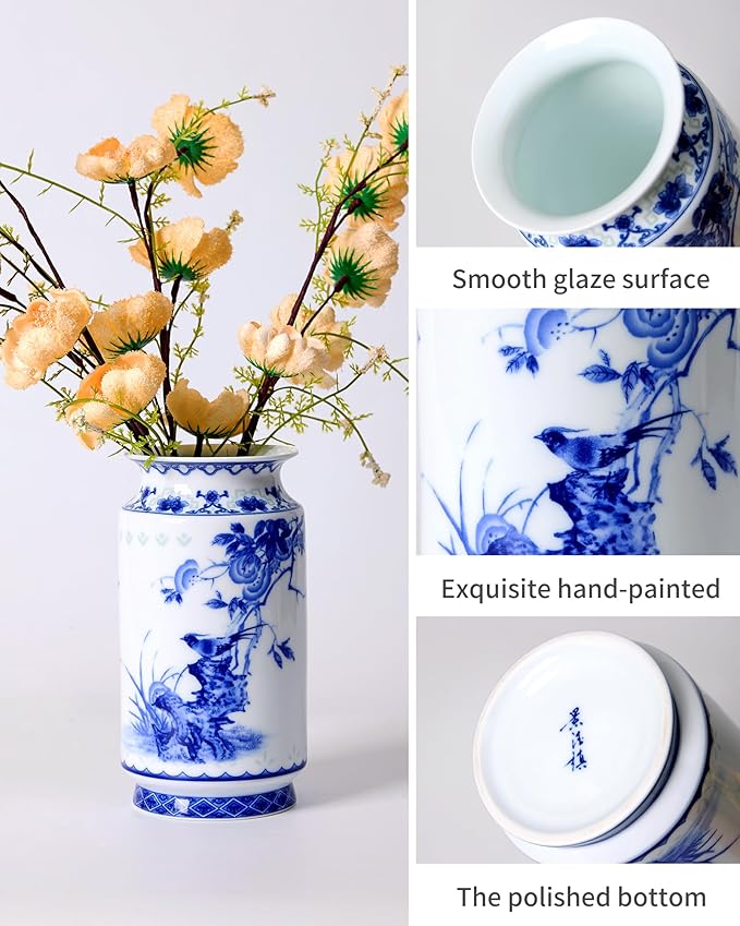 Blue and White Vintage Vase Chinoiserie Farmhouse Decorative Vases Flower Terracotta pots for Tableshelf Bookshelf Bathroom Living Room Kitchen 8.3inch