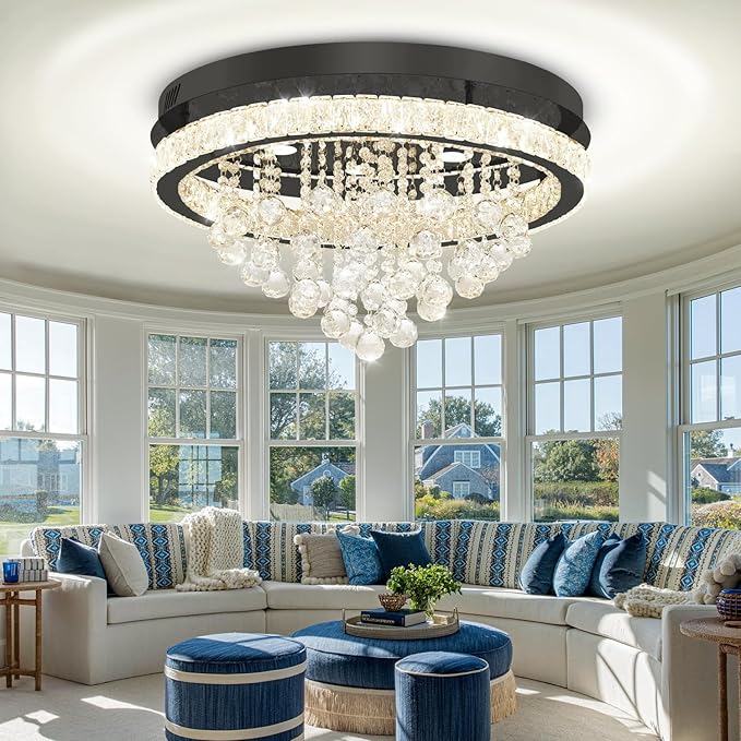 24" Modern Crystal Chandeliers for Dining Room Black Ceiling Chandelier Flush Mount Crystal Ceiling Light for Bedroom Living Room Hallway