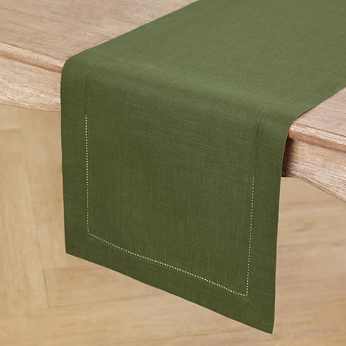 Solino Home Linen Olive Table Runner 144 Inches Long - 100% Pure Linen Extra Long Table Runner 14 x 144 Inch for Fall, Autumn, Thanksgiving - Classic Hemstitch