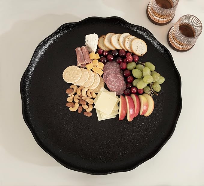 Kate and Laurel Alessia Modern Decorative Scalloped Round Footed Metal Tray; 16 Inch Diameter; Black; Transitional Food-Safe Cast Aluminum Pedestal Tray with Rough Texture and Deckled Edge