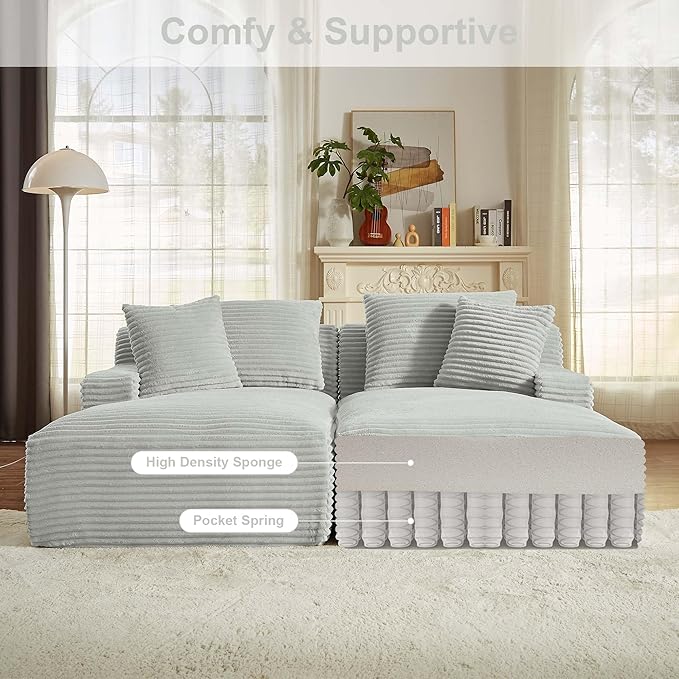 GNIXUU 78.8" Oversized Double Chaise Lounges Indoor, 2 Pieces Comfy Corduroy Chaise Lounge Chair Cloud Boneless Couch, Fluffy Upholstered Sleeper Loveseat Bed for Living Room Bedroom(Light Gray)
