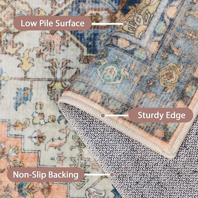 GENIMO 8x10 Area Rugs for Living Room, Machine Washable Non Slip Vintage Retro Rugs, Low Pile Lightweight Chenille Print Rug for Bedroom, Dining Room, Home Office, Blue Brick Red