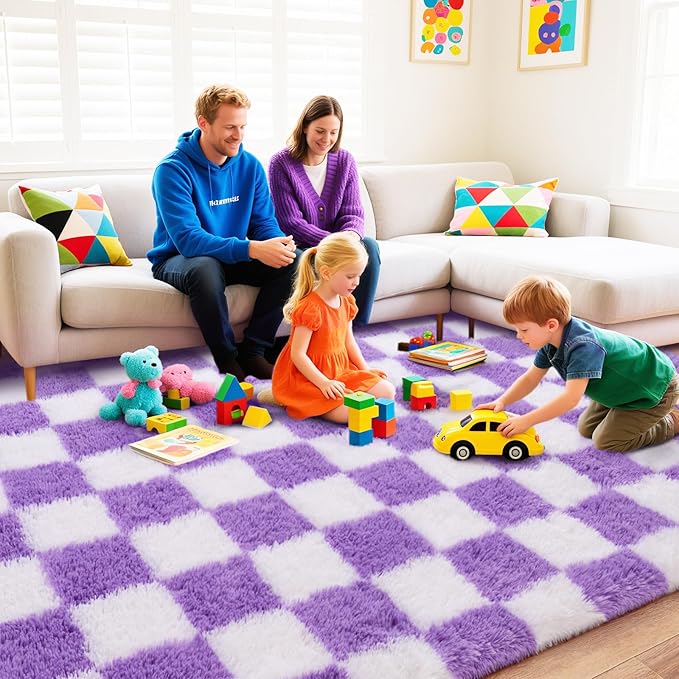 Checkered Rugs for Bedroom, 4x6 Ultra Fluffy Fuzzy Shag Area Rug for Living Room, Modern Plush Soft Upgrade Non-Slip Carpet for Kid Girls and Boys Room Dorm Nursery Home Decor, White and Purple