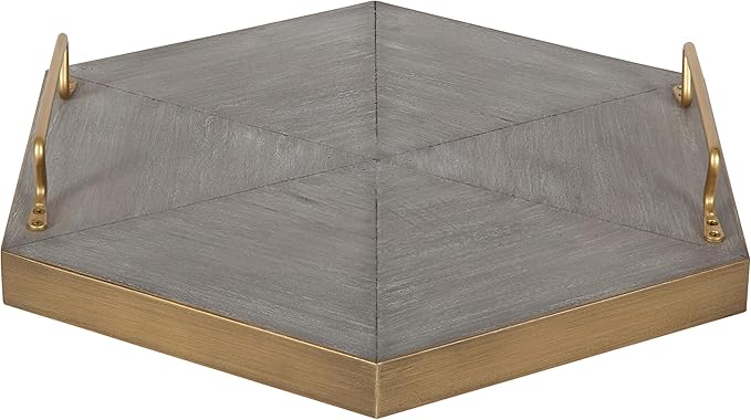 Kate and Laurel Sade Decorative Hexagon Tray with Handles, 16", Concrete Gray and Gold, Modern Tray for Ottoman, Centerpieces, Or Bathroom and Bedroom Decor