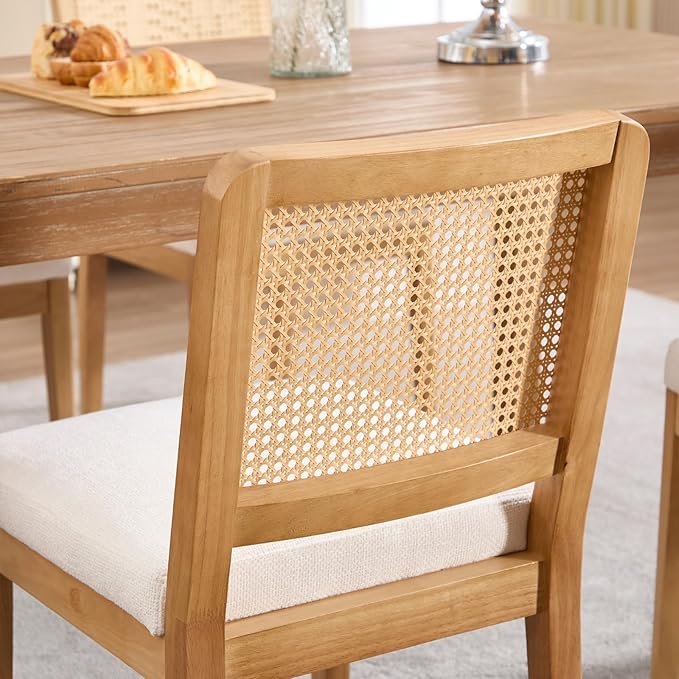 LukeAlon Farmhouse Rattan Dining Chairs Set of 6, Mid Century Modern Chenille Kitchen & Dining Chairs with Solid Wood Legs, Woven Cane Upholstered Kitchen Chairs Side Chairs for Dining Room, White