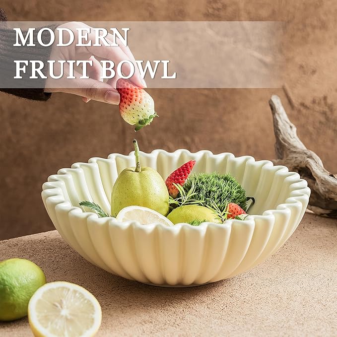 Large Decorative Bowl, White Ceramic Fruit Bowl for Kitchen Counter, Key Bowls for Entryway Table, Modern Coffee Table Home Decor, Scalloped Handmade Artwork