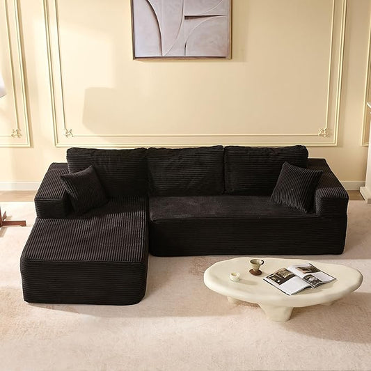 107" Boneless Couch with Deep Seat, Modular Sectional Sofa, Cloud Sectional Couch for Living Room, No Assembly Required, Corduroy, L-Shape Left，Black