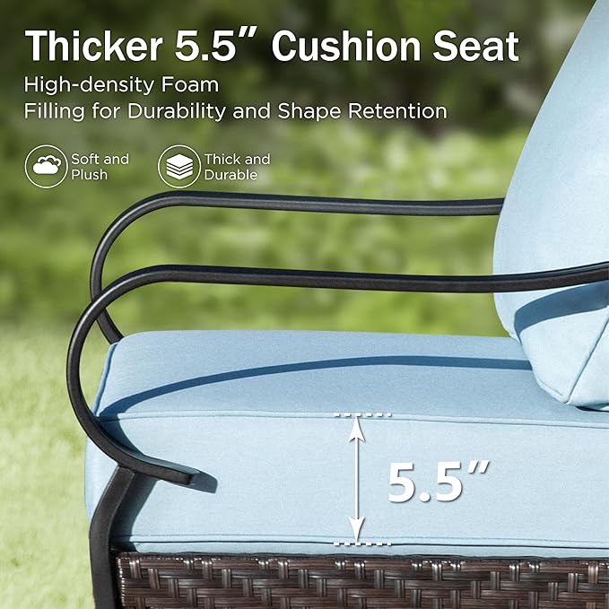 PHI VILLA Outdoor Modern Patio Furniture Set, Upgraded Wicker&Metal Patio Furniture Conversation Set with Waterproof Thick Cushions for Porch, Poolside, Deck, and Yard (5 Pieces,Blue)