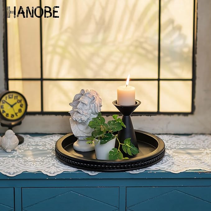 Hanobe Decorative Serving Tray Wood: Black Bead Round Tray for Coffee Table Rustic Wooden Trays Decor Farmhouse Kitchen Counter Circle Tray Vintage Centerpiece for Living Room Home Organizer