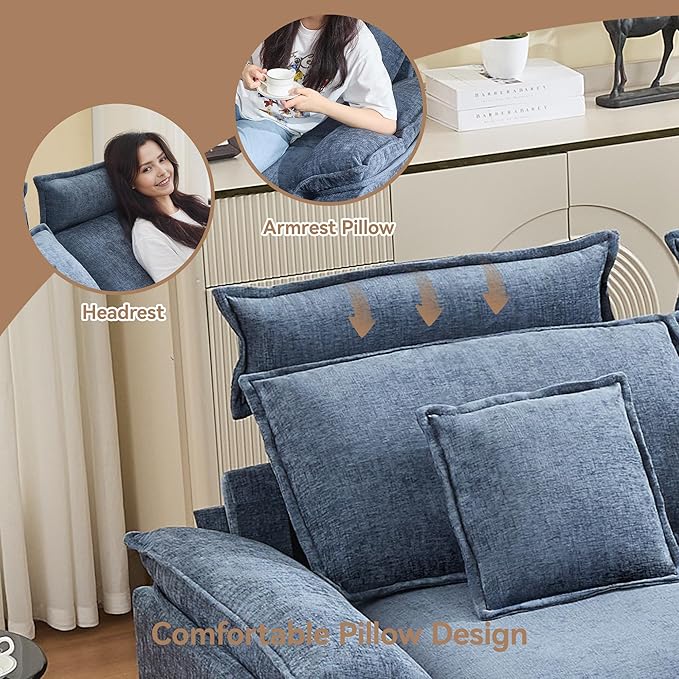 46''Cloud Oversized Sofa Chair with Detachable Headrest, Upholstered Comfy Arm Accent Chair with Ottoman,Modern Chenille Reading Lounge Armchair for Living Room,Bedroom, Blue