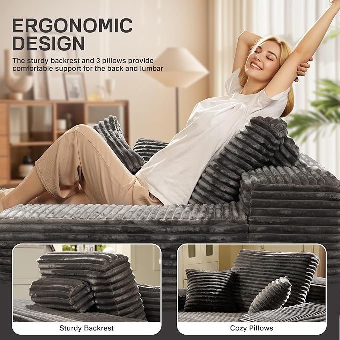 Chaise Lounge Chair Indoor, 67" Oversized Comfy Plush Fur Sleeper Sofa Bed, Boneless Upholstered Recliner Bed with Pillows and Wide Armrests, Modern Cloud Couch for Living Room, Grey