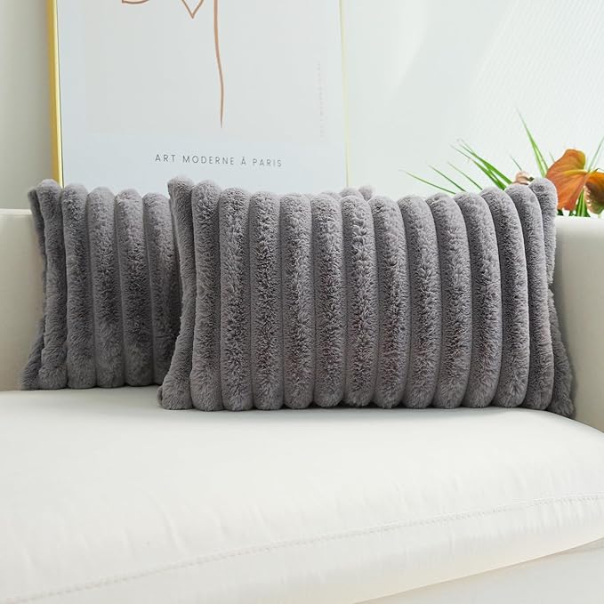 JOJUSIS Pack of 2 Faux Fur Plush Decorative Throw Pillow Covers Couch Cushion Case Soft Pillowcases (Grey, 12 x 20-Inch)