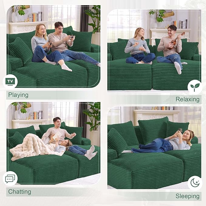 GNIXUU 78.8" Oversized Double Chaise Lounges Indoor, 2 Pieces Comfy Corduroy Chaise Lounge Chair Cloud Boneless Couch, Fluffy Upholstered Sleeper Loveseat Bed for Living Room Bedroom Reading(Green)